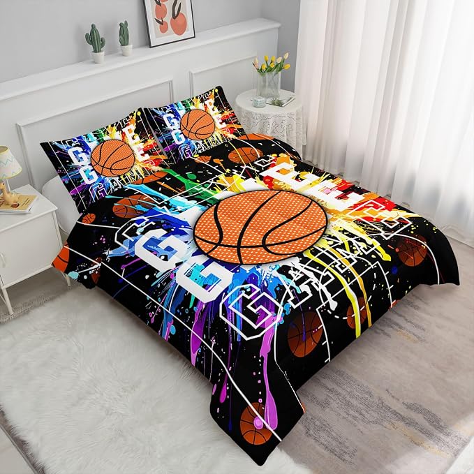 Cartoon Basketball Printed Comforter Set Ball Sports Bedding Set with 1 Comforter and 2 Pillowcases for Boys and Girls Bedroom All Season(Basketball-2 Twin) - Image 2