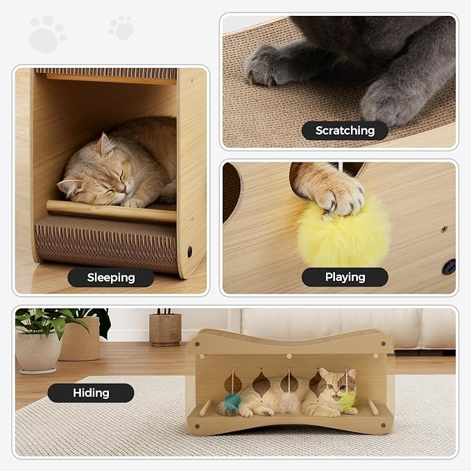 COZIWOW Cardboard Cat Scratcher House with Toys 26-Inch Curved Cat Lounger as Tunnel Double-Layer Scratching Box and Corrugated Board for Play, Scratch, Sleep and Rest - Image 5