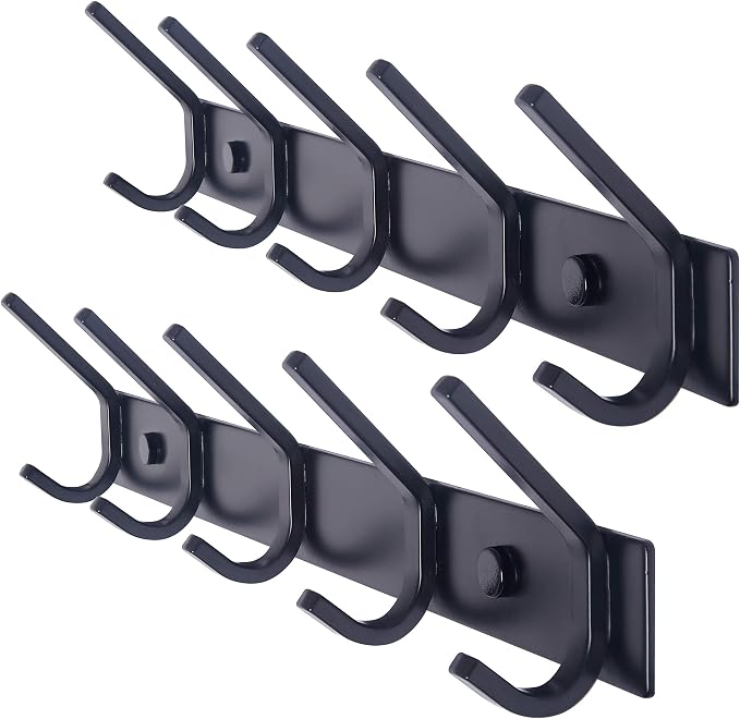 WEBI Coat Rack Wall Mounted,5 Coat Hooks for Hanging Coats,Heavy Duty Metal Double Hook Rack Hook Rail Coat Hanger Wall Mount for Clothes Entryway Jacket,Black,2 Packs by WEBI