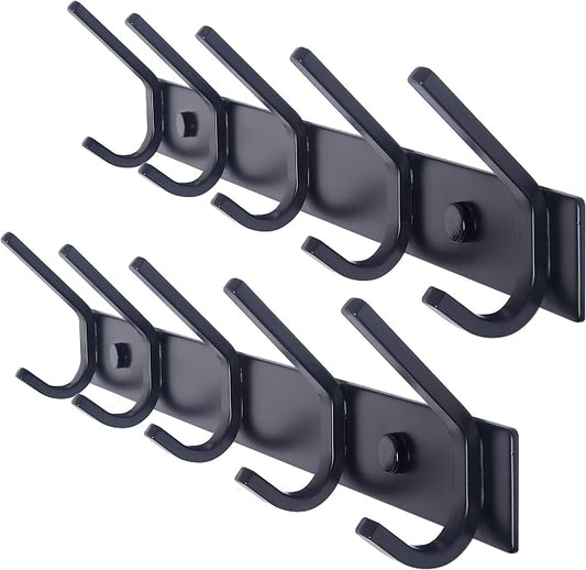 WEBI Coat Rack Wall Mounted,5 Coat Hooks for Hanging Coats,Heavy Duty Metal Double Hook Rack Hook Rail Coat Hanger Wall Mount for Clothes Entryway Jacket,Black,2 Packs by WEBI