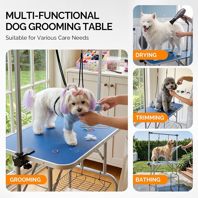 VINGLI Dog Grooming Table, Adjustable Cat Grooming Desktop with Arms and Storage Basket, Pet Grooming Stand at Home (Blue, 32 inch) - Image 4