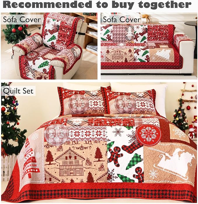 Cmfshape Christmas Skidproof Sofa Cover-Festival Sofa Slipcover with Elastic Straps-Easy Fit Slip Cover-Patchwork Washable Furniture Protector for Pets and Kids(Sofa,Red) - Image 6