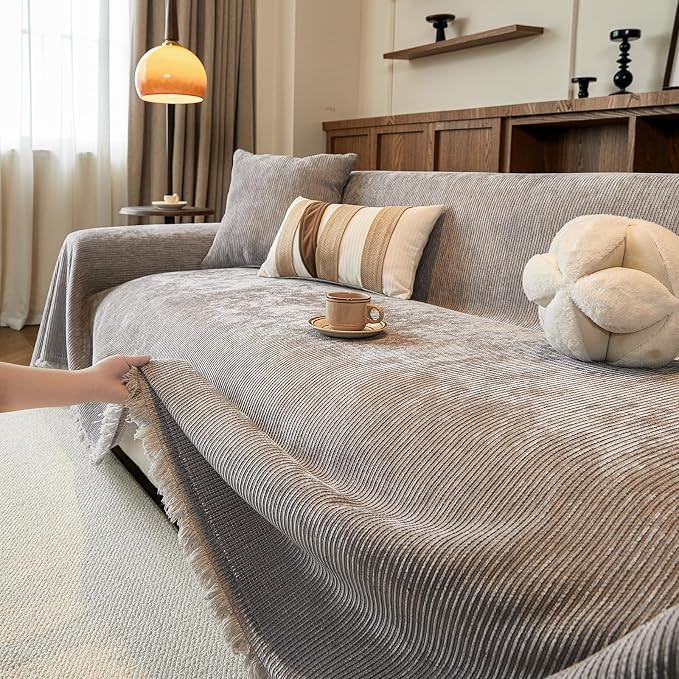 VClife Vintage Light Gray Striped Couch Cover with Tassel, 71" X 134" | Soft Thick Chenille Couch Covers for 3 Cushion Couch Sofa, Washable Sofa Covers for Sectional Sofa, Fade & Shrink Resistant - Image 7