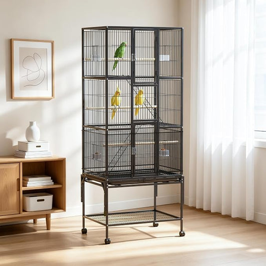 69-Inch Large Bird Cage with Dust Cover,Extra Large Bird Cages for Parakeet | Birdcages for Cockatiels Quaker Conure Lovebird Finch Canary Small Medium Parrot with Rolling Wheels,Black by PvpyYvrd