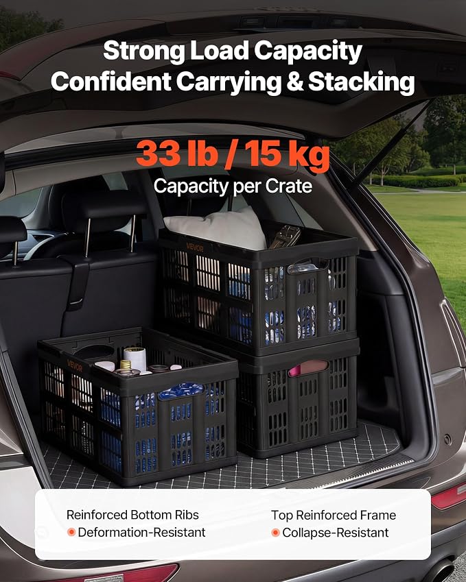 VEVOR Plastic Collapsible Storage Bins, 45L 3 Packs, Stackable Folding Storage Crates with Handles, Holds 33 lbs Per Bin, Foldable Heavy Duty Containers, Space-Saving Baskets, for Home Organizing - Image 3