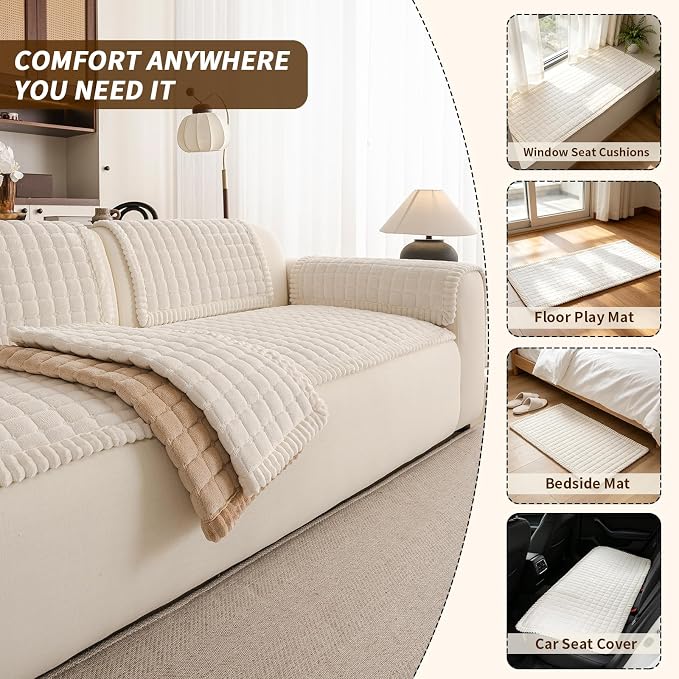 Couch Covers for Sofa Washable, Non Slip Couch Covers for Dogs, Soft Plush Pet Friendly Dog Couch Cover, Plaid Couch Protector for Dogs, Pet Couch Cover for LoveSeat(Beige White,28"×59",1PC) - Image 3