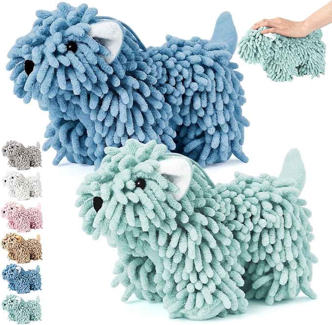 Tegeme 2 Pcs Chenille Dog Hand Towel Fuzzy Towel Absorbent Microfiber Soft for Bathroom Kitchen Washstand (Green Blue,Standing Dog) by Tegeme