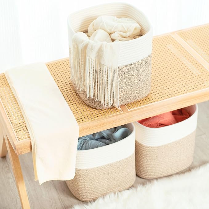 MINTWOOD Design 3-Pack 11x11in Woven Cube Storage Bin and Shelf Baskets, Cute Decorative Square Organizer for Closet, Classroom, Bathroom, Dog and Cat Toys, and Books, Light Brown - Image 6