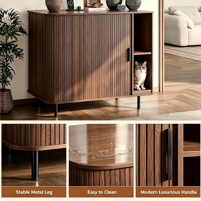 Large Cat Litter Box Enclosure with Scratch Pad, 42.6'' Hidden Litter Box Furniture for Automatic self-Cleaning Litter Boxes, Sliding Door, Adjustable Shelf for Dog Proof, Charging Station, Walnut - Image 6