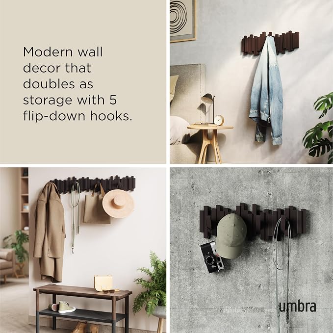 Umbra Sticks Wall Mount Coat Rack, 5 Hook Retractable Pegs, Espresso | Mounting hardware included, sculptural modern design, entryway or bedroom use, recycled plastic - Image 4