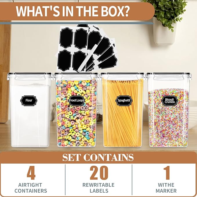 4pcs Large Tall Airtight Food Storage Containers with Lids - 6.5L / 5.9qt | Pantry Kitchen Organizers and Storage, Airtight Food Canisters with Lids for Kitchen, Pantry Organization, BPA Free, Black - Image 3