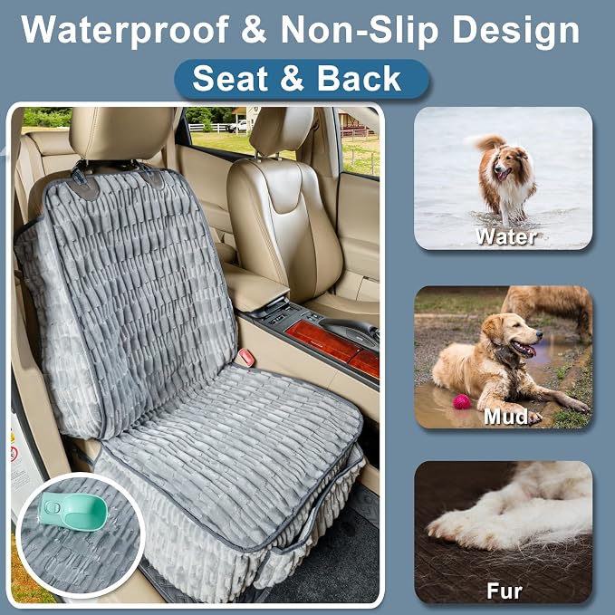 Front Seat Dog Car Seat Cover, Plush Waterproof Protector, Grey | Non-Slip Backing, Soft, Side Flaps, Full Coverage, Hair, Dirt & Scratch Defense, Machine Washable, Fits Cars, SUVs & Trucks - Image 3