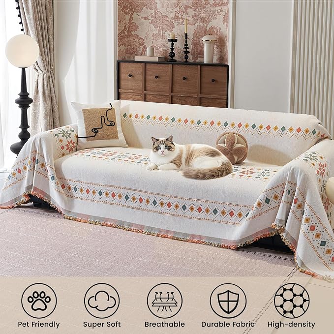 71"x102" Reversible Boho Chenille Couch Cover Sofa Slipcover for Dogs | Fade-Resistant Sofa Cover for 2-3 Cushion, L-Shape Sectional Sofa Soft Washable Furniture Protector with Tassel Anti-Scratch - Image 2
