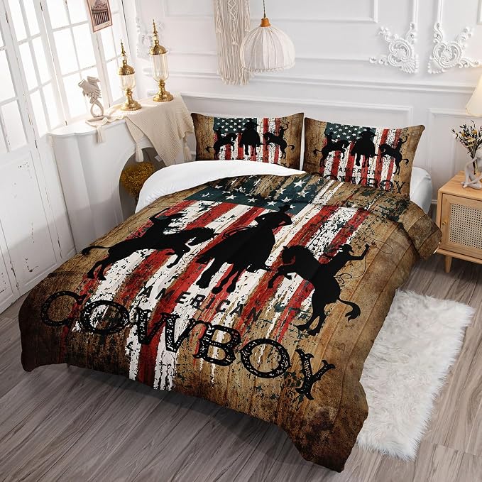 Western Cowboy Comforter Set American Flag Printed Bedding Set with 1 Comforter and 2 Pillowcases for Boys and Girls Bedroom All Season(Cowboy Twin) - Image 3