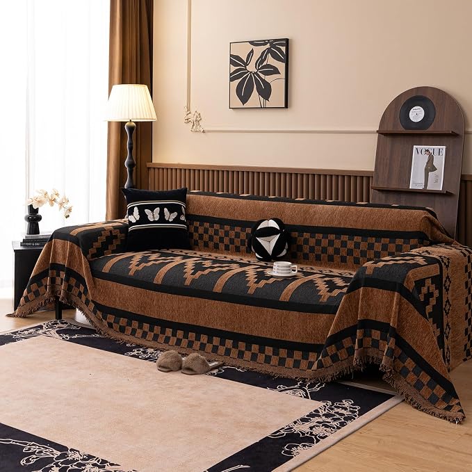 ROOMLIFE Dark Brown Couch Cover 3 Cushion Sofa, Washable Non Slip Furniture Sofa Protector Cover, Soft Chenille Sofa Slipcovers Sectional L Shape Dogs Couch Cover Throw Blanket with Tassels71''X118'' by ROOMLIFE