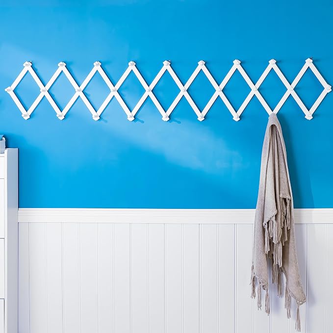 SKOLOO Accordion Wall Hanger with 28 Hooks, Modern Expandable Coat Rack Hat Rack for Wall, Solid Wooden, White - Image 2
