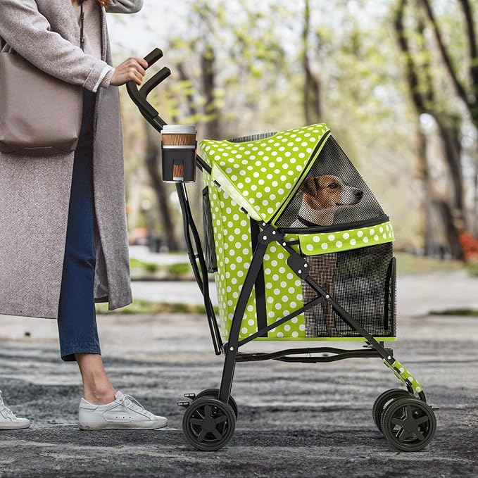 MoNiBloom 4 Wheels Pet Stroller, Easy-Fold Umbrella Shaped Dog Cat Jogger Stroller w/Storage Bag & Visible Mesh for Small/Medium Dogs Cats Lawn Green Polka Dots