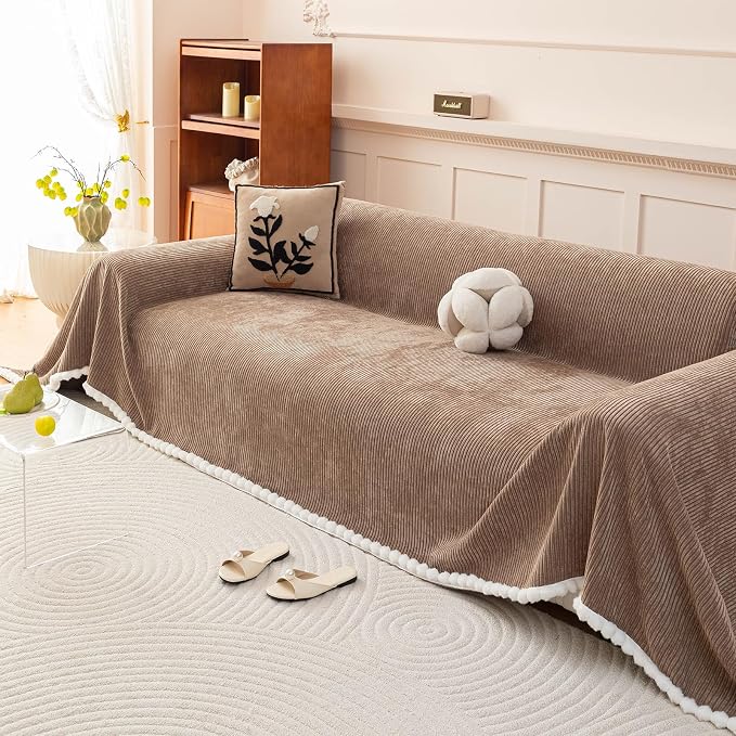 VClife Boho Couch Cover, Thickened Furniture Protector, Khaki, 71"X134" | Heavy-duty Pet Resistant Thick Chenille Fabric, Modern Striped Pattern, Fluffy Pom-pom Trim, Kids & Pets Household Friendly - Image 4