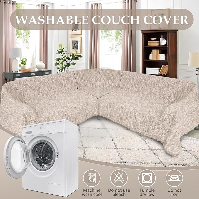 1OO% Waterproof Sectional Couch Covers for Dogs L Shaped Corner Sofa Cover Washable Chenille Sofa Slipcovers Blanket Modern Jacquard Pet Furniture Protector (91"x276", Light Khaki) - Image 9