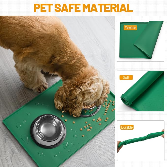 Hubulk Dog Feeding Mat,100% Waterproof Food Grade Silicone Pet Food and Water Bowl Placemat,Dishwasher, High Raised Edge to Prevent Spills,Nonslip Tray to Stop Messes on Floor（32"x24"x1.0",Hunter） - Image 4