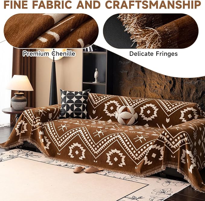 VClife Bohemian Couch Cover Aztec Geometric Chenille Sofa Cover for Sectional Couch - Brown and White Zigzag Pattern Sofa Slipcover for 2 Cushion Couch Sofa 71" X 150" - Image 3