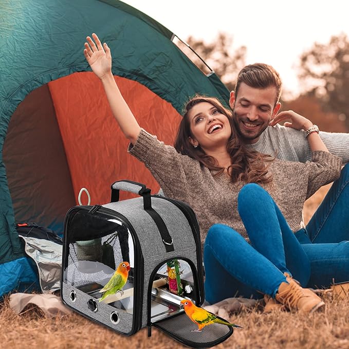 Small Bird Carrier Bag with Stand, Lightweight Backpack for Parrot, Portable Cockatiel Travel Cage with Bird Toy, Pet Transparent Breathable Carrier, Gray - Image 6