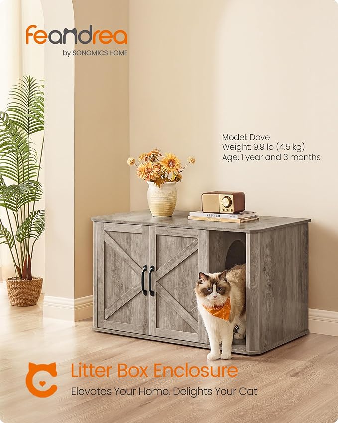 Feandrea Litter Box Enclosure, Modern Cat Litter Box Furniture Hidden, Front Entry, Double Doors, Handles, Cat House, Side End Table, 33.5 x 19 x 19.5 Inches, Heather Greige UPCL012G01 - Image 2