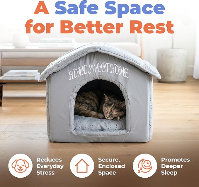 Best Pet Supplies Cat Bed for Indoor Cat, Domed Tent House with Removable Pillow, Covered Cat Cave for Small Dog, Puppies and All Breeds of Cats - Silver w/ Bones, 16 x 16 x H:14" - Image 2