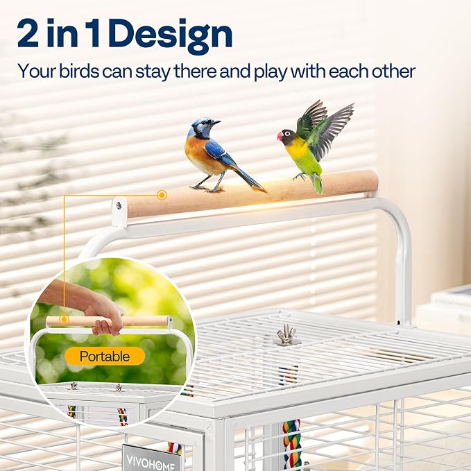 VIVOHOME 19 Inch Wrought Iron Travel Bird Cage for Cockatiel Parakeets | Bird Travel Carrier Cage with Wooden Handle/Perch, Slide-out Tray for Small Parrots Conures Lovebirds Canaries Finches, White - Image 4