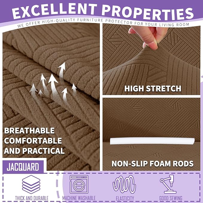 ZNSAYOTX 3 Piece Stretch Loveseat Covers (55"-69"), Thick Striped Sofa Covers for 2 Cushion Couch with Elastic Band Bottom Ties Non-Slip Stay in Place, Soft Durable Love Seat Slipcovers, Light Coffee - Image 3