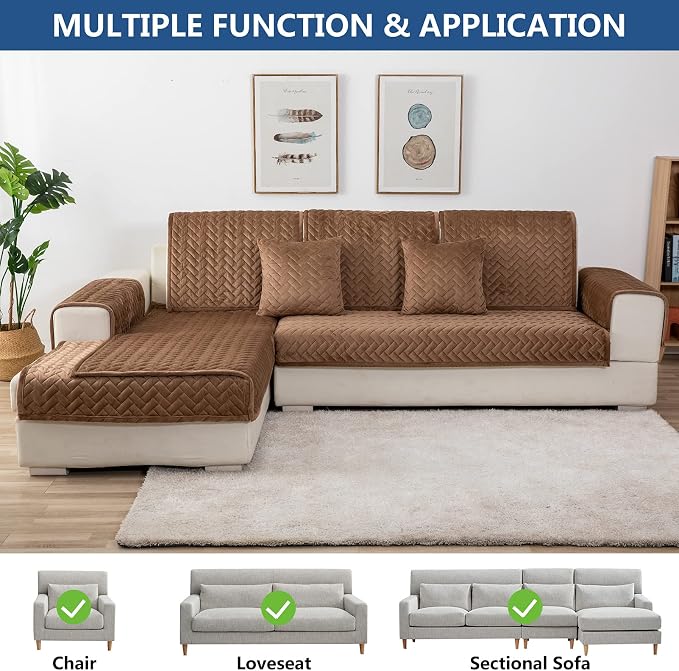 Eismodra Couch Cover,Sectional Couch Covers,Sofa Covers for 3 Cushion Couch,Anti-Slip Sofa Slipcovers for Dogs Cats Kids Loveseat Recliner L Shaped Armrest Backrest,Brown 36''x63''(Only 1 Piece) - Image 2