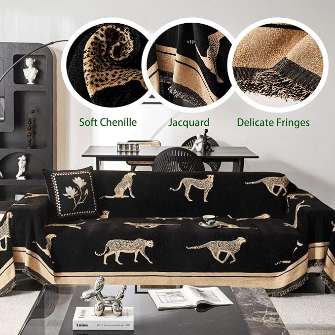 Chenille Sofa Cover with Tassels, Non-Slip Couch Cover for Seat Sofas, Washable Furniture Protector for Pets & Kids, Modern Leopard Pattern Chenille Blanket (Black, 90"x134") - Image 7