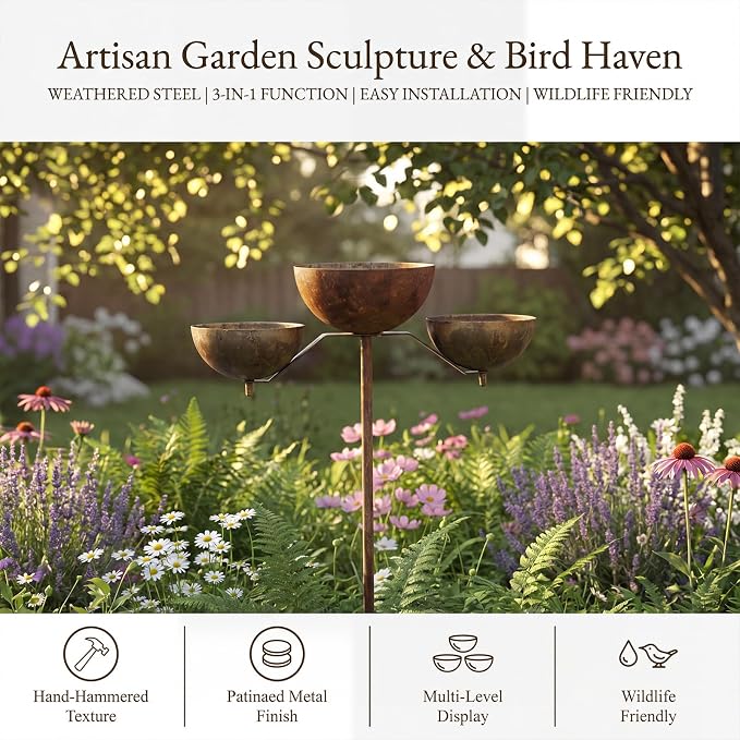 Rusty Rain Catcher Garden Stake - Adjustable Metal Bird Feeder and Bath Bowl, Vintage Outdoor Decor for Lawn Yard Landscaping, Attracts Birds and Beneficial Insects - Image 4