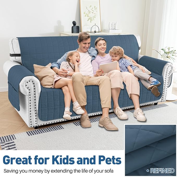 MAXIJIN Waterproof Couch Covers for 3 Cushion Couch Sofa Pet Friendly, 69" Quilted Sofa Covers Washable Dog Couch Cover Protector with Elastic Strap & Side Pocket (Sofa, Berlin Blue) - Image 2