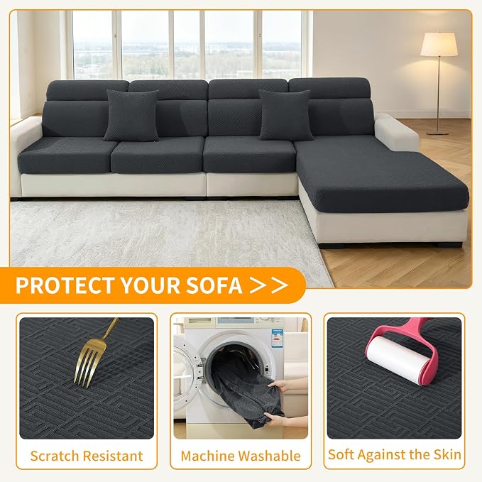 XINEAGE Couch Cushion Covers Seat Cushion Cover Thick Stretch Sofa Slipcovers 3 Piece Individual Couch Covers with Elastic Bottom(3 Seat Cushion/Backrest,Dark Gray) - Image 6