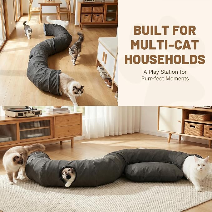 Extra Large Cat Tunnel, Cooling Natural Linen Big Tunnel for Large Cats, 47.2in Multi-Cat Family Long Cat Tunnel Bed with Washable Mat, Breathable & Durable Big Cat Tunnel for Cats, Dark Grey - Image 2