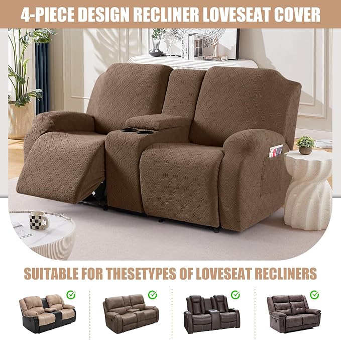VANSOFY Stretch Recliner Loveseat Cover with Middle Console, Light Coffee | 4-Pieces, Soft Furniture Protector, Washable Slipcover with Pocket, Pets Sofa Cover, High Stretchy fabric Couch Cover - Image 4
