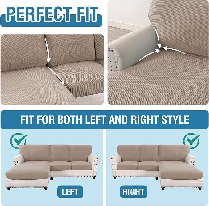 H.VERSAILTEX Sectional Couch Covers 6 Pieces Stretch Sofa Covers for Sectional Sofa Set Separate L Shaped Couch Cover for Both Left/Right Couch (Seat and Back: 1 Chaise + 2 Sofa, Sand) - Image 5