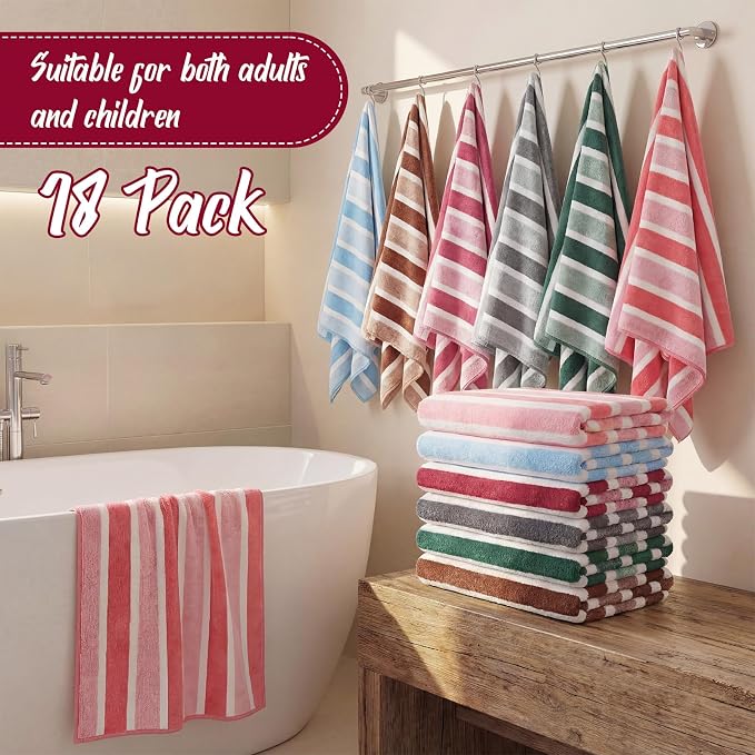 SmoothNovelty 18 Pack Microfiber Bath Towels Bulk 27'' x 60'' Oversized Size Bath Towel Highly Absorbent Extra Large Soft Drying for Beach Shower Summer Salon Sport Gym Party (Stripes,Neutral) - Image 6