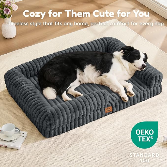 ChiXnuggle Faux Fur Orthopedic Dog Bolster Bed, Waterproof Washable Cover | rectangular dog sofa couch,egg crate foam,non-slip bottom,for extra large dogs,dark grey,41*30*7 - Image 8