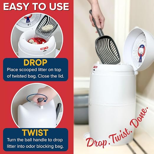 Red Rocket Kitty Twist'R Plus Cat Litter Disposal System, Litter Trash Can | White, Odor Control, Large Capacity, Holds Up to 12 Lbs, Includes 2 Size #1 Odor Blocking Bags, 2 Charcoal Sachets, Scoop - Image 4