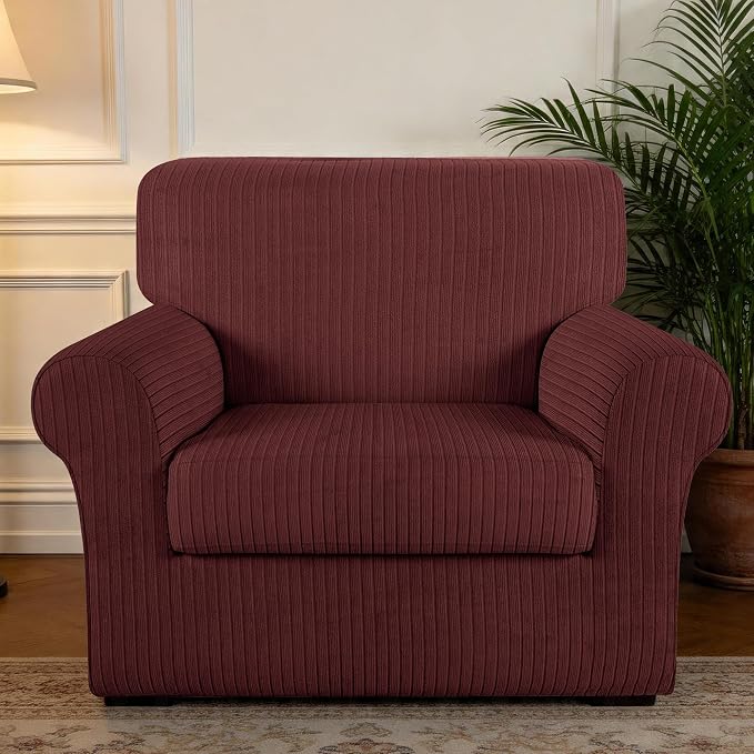 Armchair Cover Stretching Skid Resistance Couch Cover for Pets Washable, Thick and Durable Soft High Spandex Striped Pattern Sofa Covers, Form Fitted Chair Slipcover(Armchair, Burgundy) - Image 7