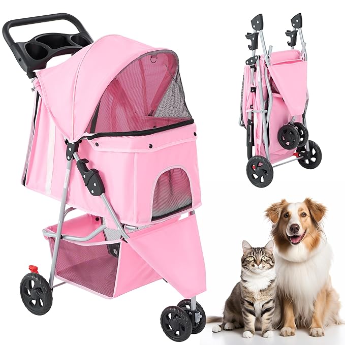 3 Wheel Pet Stroller for Dogs and Cats, Foldable, Lightweight and Durable, Ideal for Small to Medium Pets, Includes Storage Basket and Cup Holders