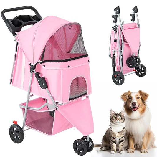 3 Wheel Pet Stroller for Dogs and Cats, Foldable, Lightweight and Durable, Ideal for Small to Medium Pets, Includes Storage Basket and Cup Holders