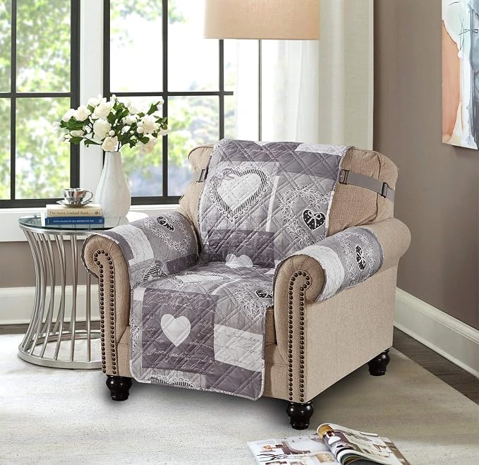 Brilliant Sunshine Grey Heart Love Patchwork Quilted Chair Slipcover, 23" Seat Width, Slip Resistant Furniture Protector, 2" Strap, Washable Armchair Cover for Pets, Kids, Dogs, Cats, Grey | Non Slip Sofa Cover, Quilted Furniture Protector, Washable Ch... - Image 3