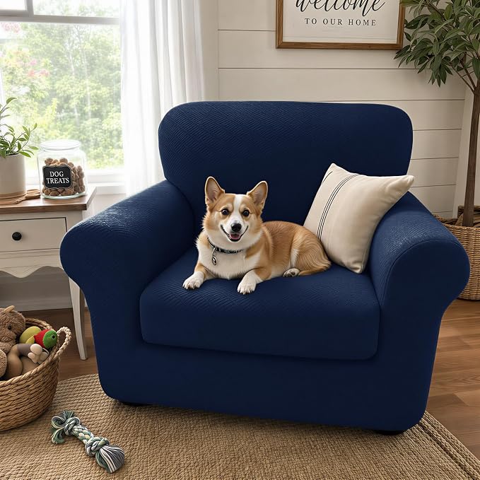 XINEAGE 2026 New 2 Pieces Chair Covers with Arms Super Stretch Chair Slipcover for Living Room Pet Dog Universal Slip Cover Anti Slip Armchair Furniture Protector (Navy Blue), 31"-46"(1 Cushion) - Image 3