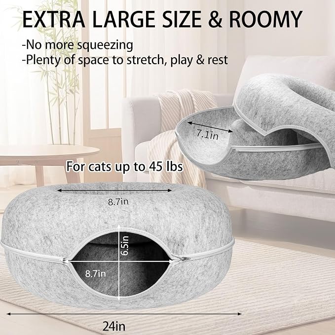 Cat Tunnel Bed for Heavy Big Cats up to 45 lbs - 24" Donut Cat Bed for Multi-Cat Home - Premium Detachable Zipper Felt Anti-Scratch Cat Cave Bed - Roomy Non-Collapsing Cat Hideaway & Peekaboo Toy - Image 2