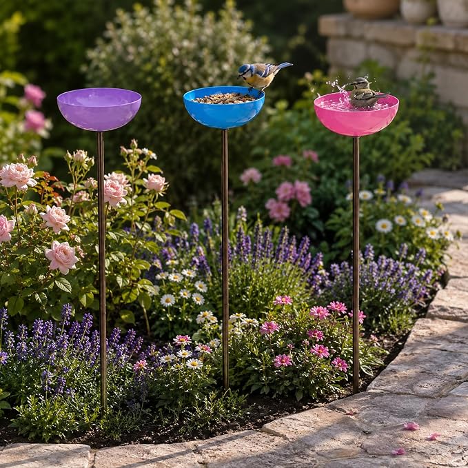 Colorful Metal Bird Bath Garden Stakes 3 Pack - Multi-Height Rustproof Outdoor Bird Feeder Water Station for Hummingbird Butterfly Bee, Decorative Yard Lawn Rain Catcher Ornament (Blue/Green/Red) - Image 7