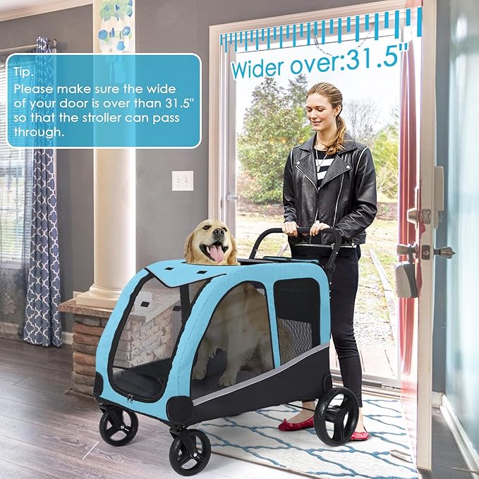 Dog Stroller for Large Dogs, Extra Large Pet Stroller for Medium Dogs, Dog Wagon Carriage, Foldable Design, Adjustable Handle, with Pocket, Up to 130 lbs, Blue