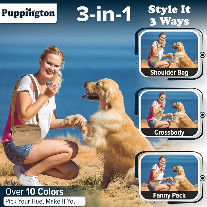 Puppington 3-in-1 Crossbody Dog Walking Bag & Dog Treat Pouch for Pet Training - Matching Compostable Poop Bags, Built-In Poop Bag Dispenser & Slow-Feeding Travel Bowl (Latte Beige) - Image 2
